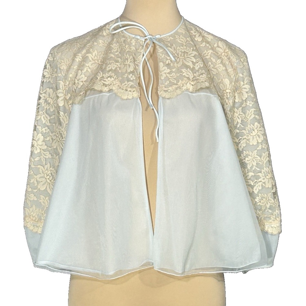 Vintage 60s Vanity Fair Bed Jacket Lt Blue Floral Lace Double Chiffon Women's M
